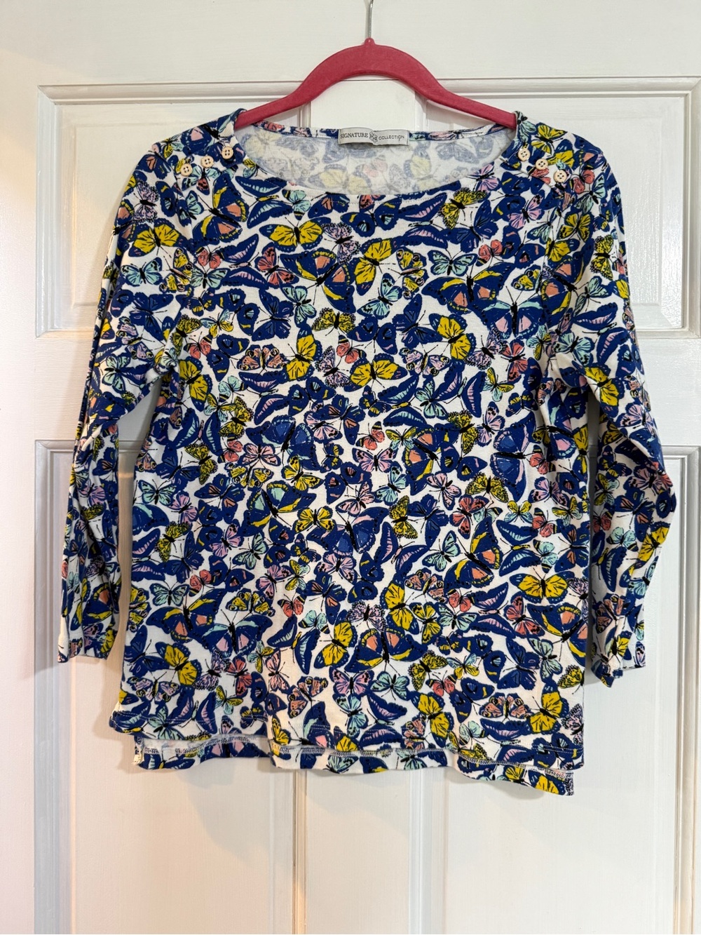 Signature Collection Women’s Long Sleeve Butterfly Floral Top - Blue/Yellow